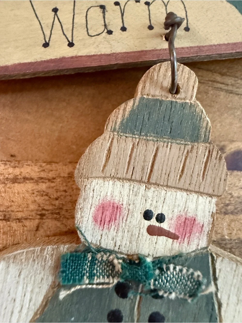 Rustic Snowman Hanging Ornament - Cream and Teal Holiday Decor